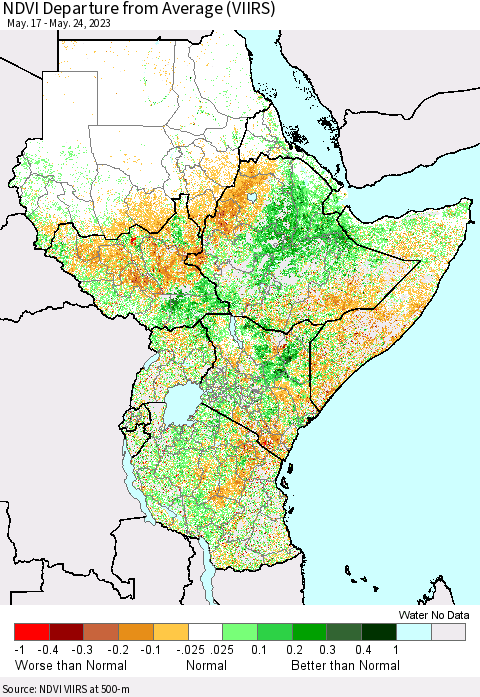 Eastern Africa NDVI Departure from Average (VIIRS) Thematic Map For 5/17/2023 - 5/24/2023
