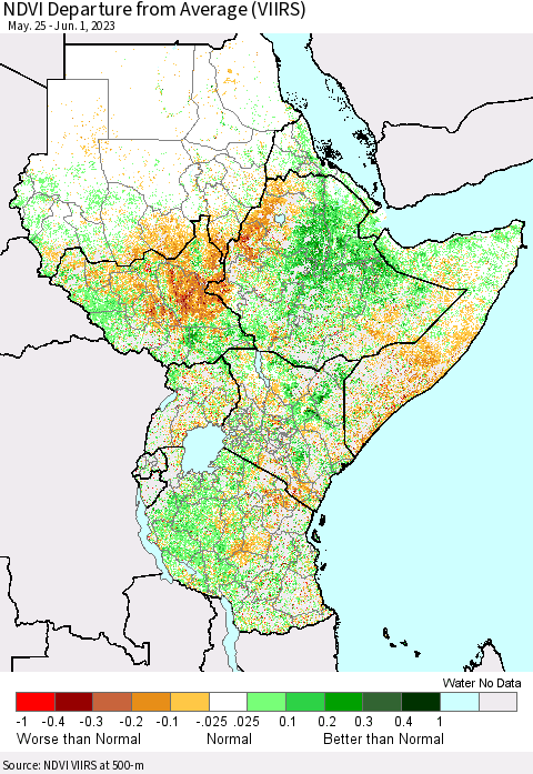 Eastern Africa NDVI Departure from Average (VIIRS) Thematic Map For 5/25/2023 - 6/1/2023