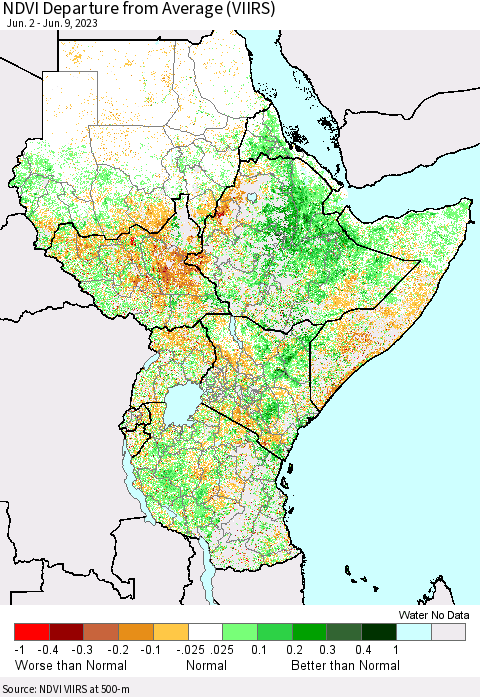 Eastern Africa NDVI Departure from Average (VIIRS) Thematic Map For 6/2/2023 - 6/9/2023