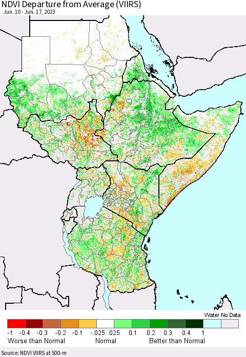 Eastern Africa NDVI Departure from Average (VIIRS) Thematic Map For 6/10/2023 - 6/17/2023