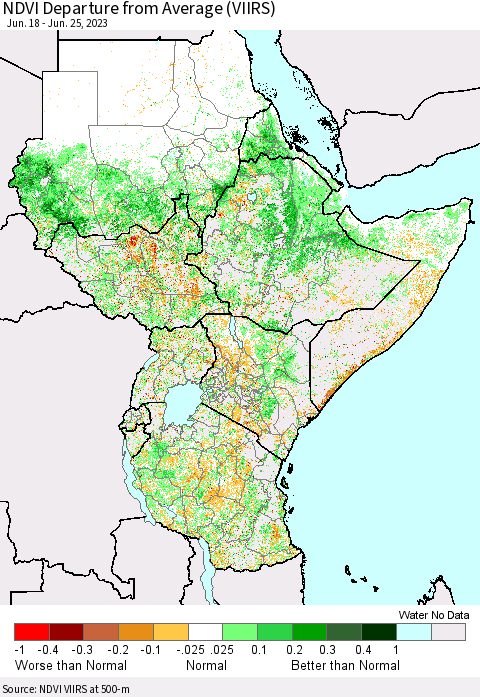 Eastern Africa NDVI Departure from Average (VIIRS) Thematic Map For 6/18/2023 - 6/25/2023