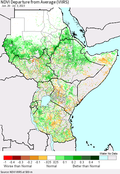 Eastern Africa NDVI Departure from Average (VIIRS) Thematic Map For 6/26/2023 - 7/3/2023