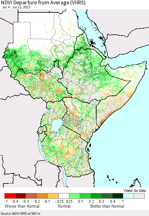 Eastern Africa NDVI Departure from Average (VIIRS) Thematic Map For 7/4/2023 - 7/11/2023