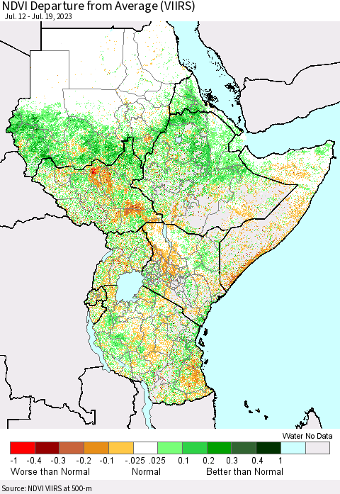 Eastern Africa NDVI Departure from Average (VIIRS) Thematic Map For 7/12/2023 - 7/19/2023