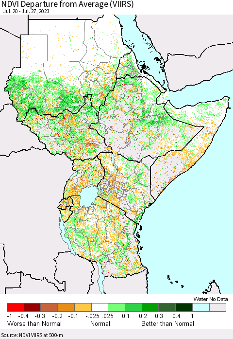 Eastern Africa NDVI Departure from Average (VIIRS) Thematic Map For 7/20/2023 - 7/27/2023