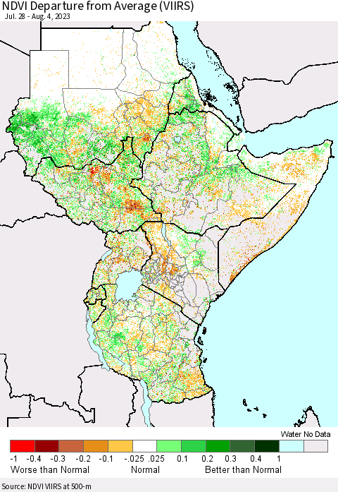 Eastern Africa NDVI Departure from Average (VIIRS) Thematic Map For 7/28/2023 - 8/4/2023