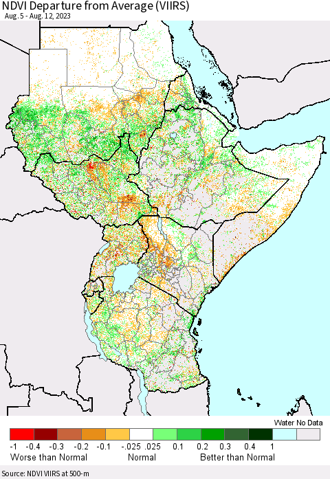 Eastern Africa NDVI Departure from Average (VIIRS) Thematic Map For 8/5/2023 - 8/12/2023
