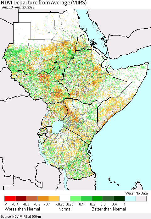 Eastern Africa NDVI Departure from Average (VIIRS) Thematic Map For 8/13/2023 - 8/20/2023