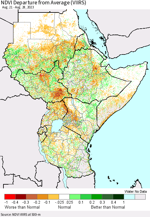 Eastern Africa NDVI Departure from Average (VIIRS) Thematic Map For 8/21/2023 - 8/28/2023