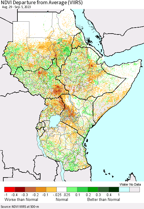Eastern Africa NDVI Departure from Average (VIIRS) Thematic Map For 8/29/2023 - 9/5/2023