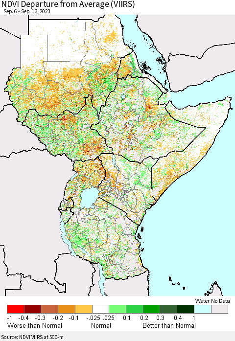 Eastern Africa NDVI Departure from Average (VIIRS) Thematic Map For 9/6/2023 - 9/13/2023