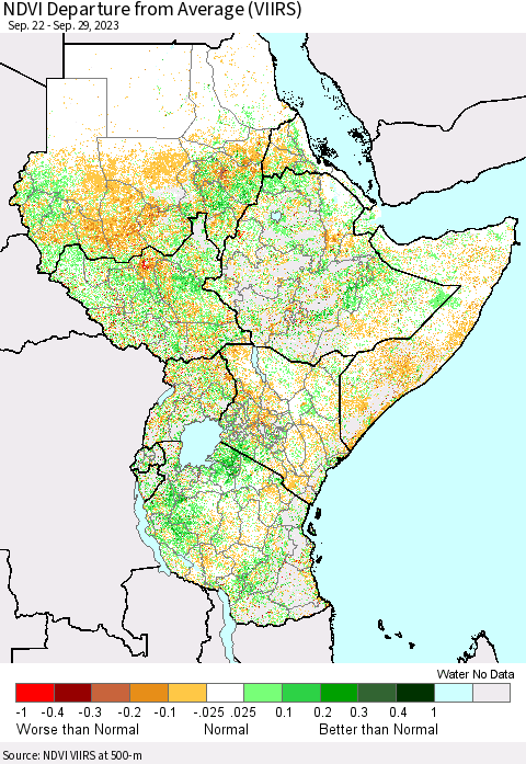 Eastern Africa NDVI Departure from Average (VIIRS) Thematic Map For 9/22/2023 - 9/29/2023