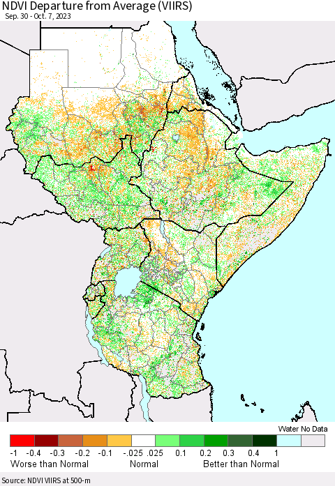 Eastern Africa NDVI Departure from Average (VIIRS) Thematic Map For 9/30/2023 - 10/7/2023