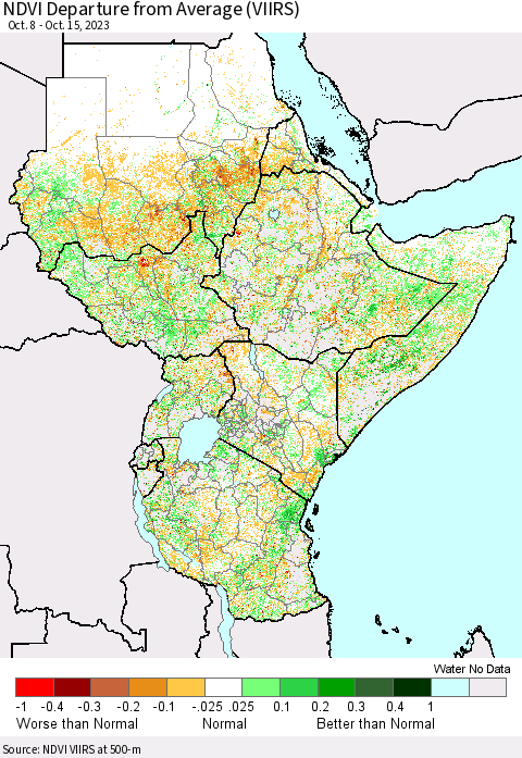 Eastern Africa NDVI Departure from Average (VIIRS) Thematic Map For 10/8/2023 - 10/15/2023