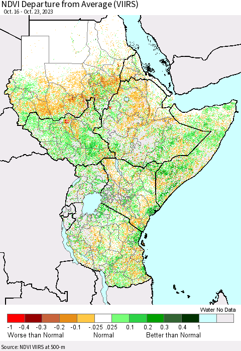 Eastern Africa NDVI Departure from Average (VIIRS) Thematic Map For 10/16/2023 - 10/23/2023