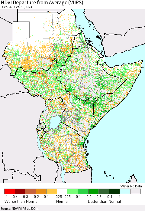 Eastern Africa NDVI Departure from Average (VIIRS) Thematic Map For 10/24/2023 - 10/31/2023