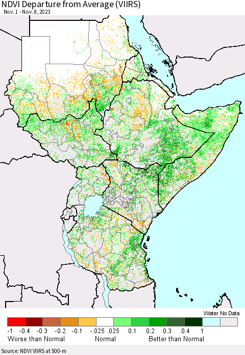 Eastern Africa NDVI Departure from Average (VIIRS) Thematic Map For 11/1/2023 - 11/8/2023
