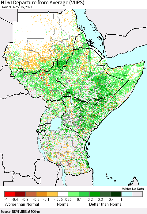 Eastern Africa NDVI Departure from Average (VIIRS) Thematic Map For 11/9/2023 - 11/16/2023