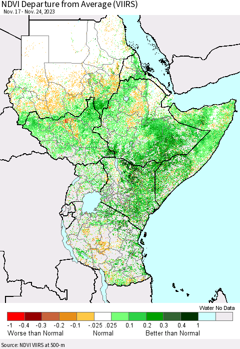 Eastern Africa NDVI Departure from Average (VIIRS) Thematic Map For 11/17/2023 - 11/24/2023
