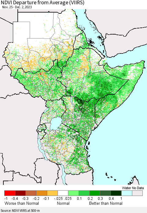 Eastern Africa NDVI Departure from Average (VIIRS) Thematic Map For 11/25/2023 - 12/2/2023