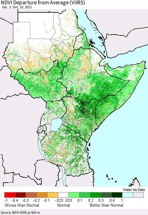 Eastern Africa NDVI Departure from Average (VIIRS) Thematic Map For 12/3/2023 - 12/10/2023