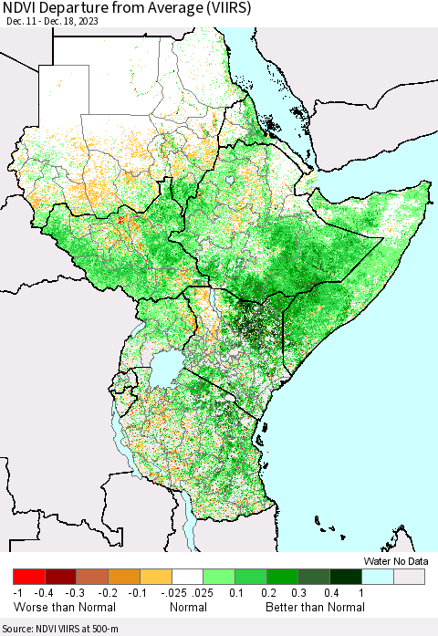 Eastern Africa NDVI Departure from Average (VIIRS) Thematic Map For 12/11/2023 - 12/18/2023