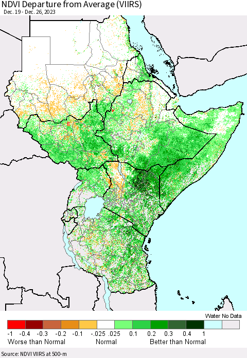 Eastern Africa NDVI Departure from Average (VIIRS) Thematic Map For 12/19/2023 - 12/26/2023