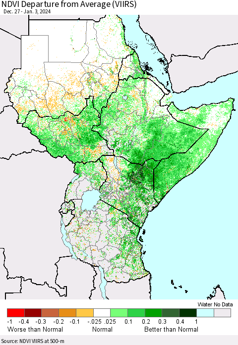 Eastern Africa NDVI Departure from Average (VIIRS) Thematic Map For 12/27/2023 - 1/3/2024