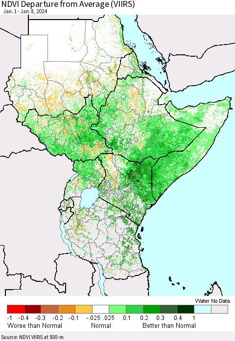 Eastern Africa NDVI Departure from Average (VIIRS) Thematic Map For 1/1/2024 - 1/8/2024