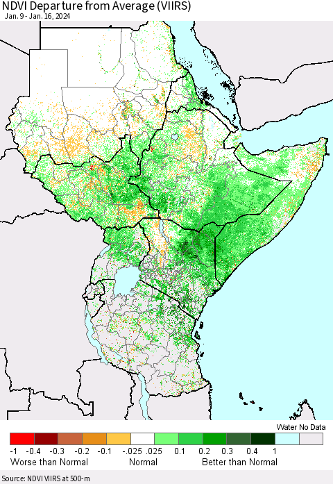 Eastern Africa NDVI Departure from Average (VIIRS) Thematic Map For 1/9/2024 - 1/16/2024