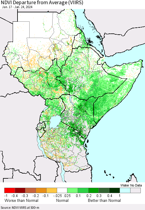 Eastern Africa NDVI Departure from Average (VIIRS) Thematic Map For 1/17/2024 - 1/24/2024