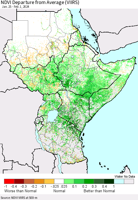 Eastern Africa NDVI Departure from Average (VIIRS) Thematic Map For 1/25/2024 - 2/1/2024