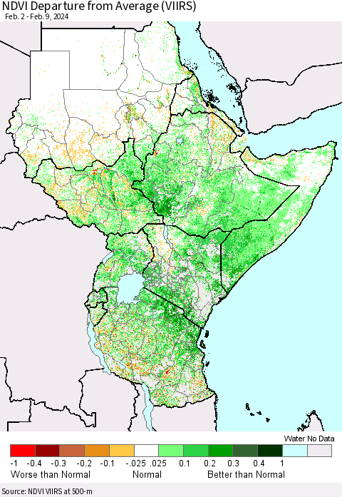 Eastern Africa NDVI Departure from Average (VIIRS) Thematic Map For 2/2/2024 - 2/9/2024