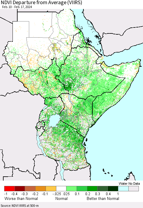 Eastern Africa NDVI Departure from Average (VIIRS) Thematic Map For 2/10/2024 - 2/17/2024