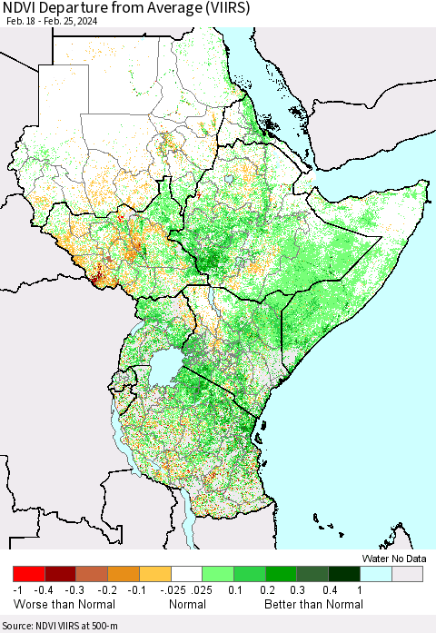 Eastern Africa NDVI Departure from Average (VIIRS) Thematic Map For 2/18/2024 - 2/25/2024