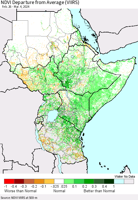 Eastern Africa NDVI Departure from Average (VIIRS) Thematic Map For 2/26/2024 - 3/4/2024