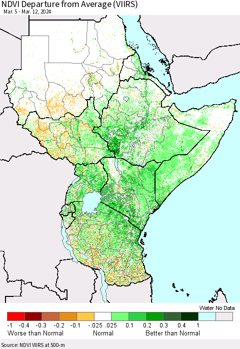Eastern Africa NDVI Departure from Average (VIIRS) Thematic Map For 3/5/2024 - 3/12/2024