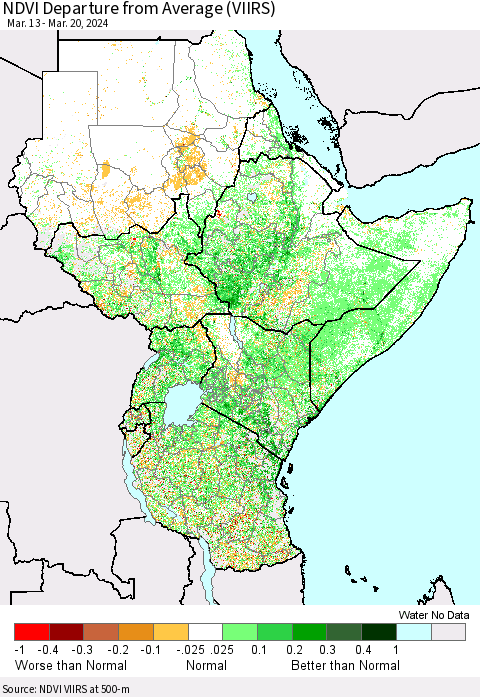 Eastern Africa NDVI Departure from Average (VIIRS) Thematic Map For 3/13/2024 - 3/20/2024