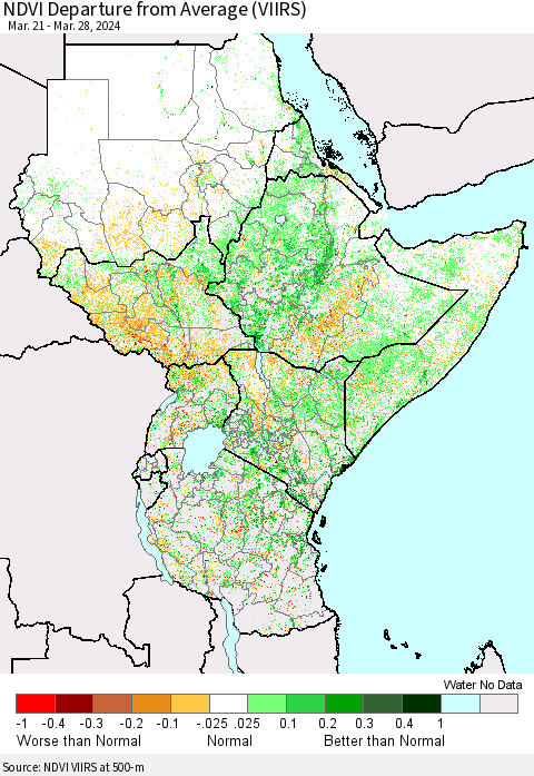 Eastern Africa NDVI Departure from Average (VIIRS) Thematic Map For 3/21/2024 - 3/28/2024