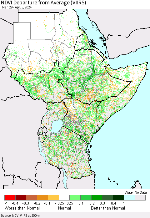 Eastern Africa NDVI Departure from Average (VIIRS) Thematic Map For 3/29/2024 - 4/5/2024