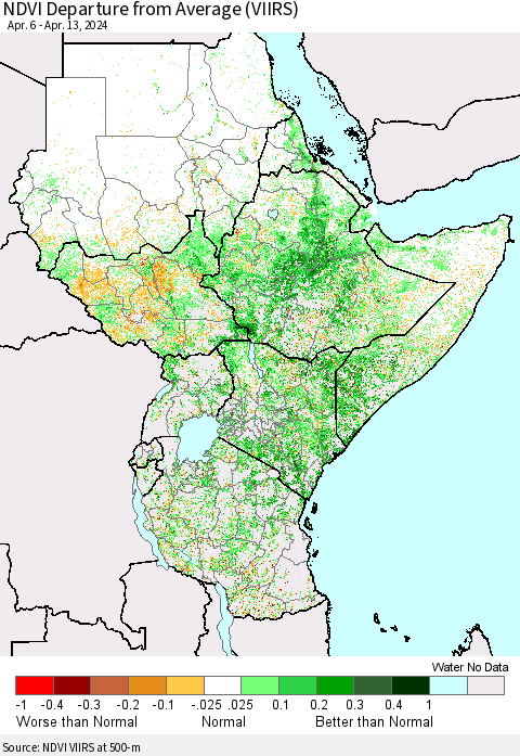 Eastern Africa NDVI Departure from Average (VIIRS) Thematic Map For 4/6/2024 - 4/13/2024