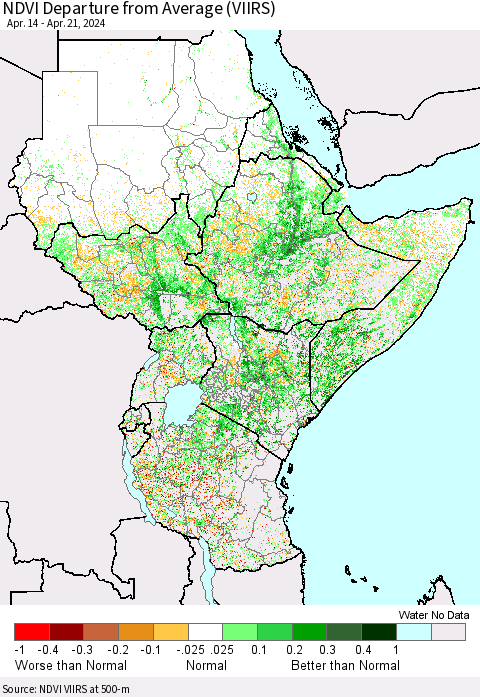 Eastern Africa NDVI Departure from Average (VIIRS) Thematic Map For 4/14/2024 - 4/21/2024