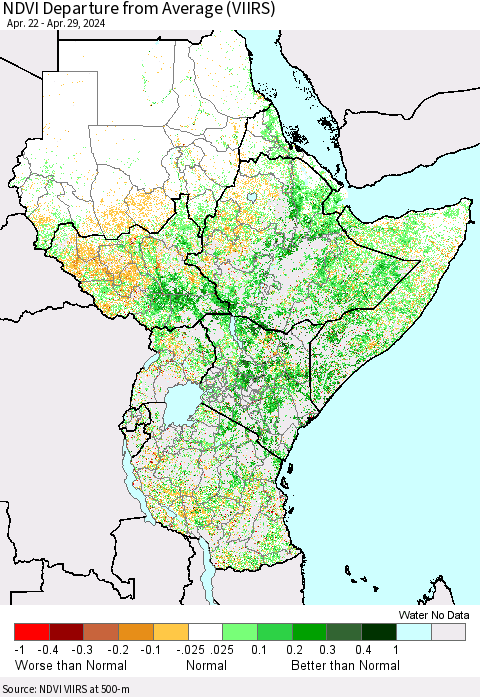 Eastern Africa NDVI Departure from Average (VIIRS) Thematic Map For 4/22/2024 - 4/29/2024