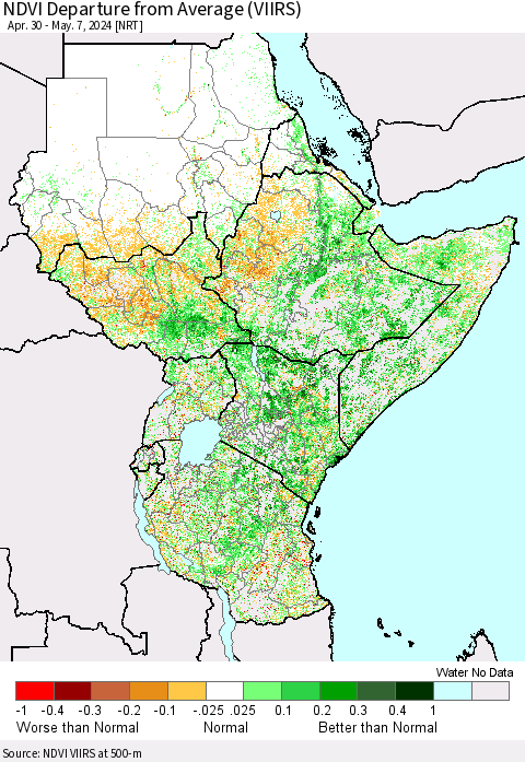 Eastern Africa NDVI Departure from Average (VIIRS) Thematic Map For 4/30/2024 - 5/7/2024