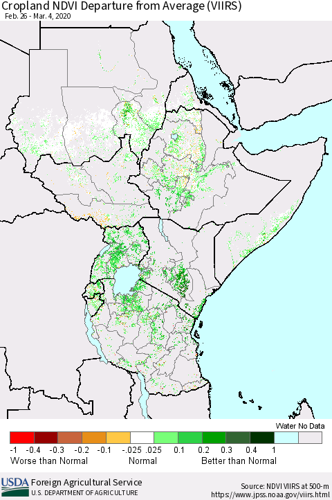 Eastern Africa Cropland NDVI Departure from Average (VIIRS) Thematic Map For 3/1/2020 - 3/10/2020