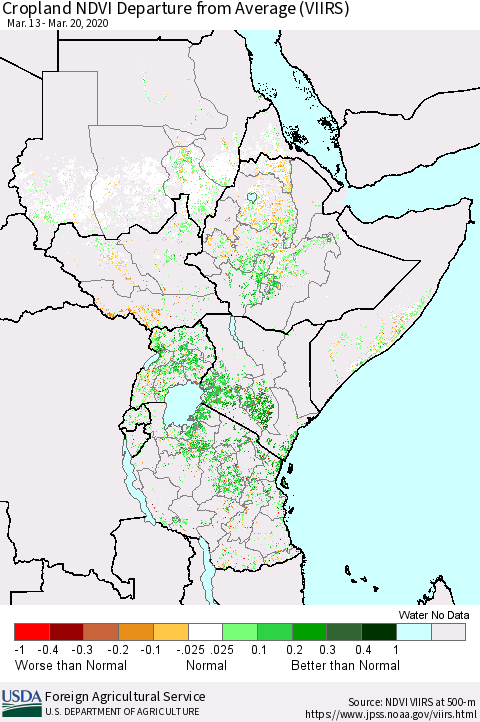 Eastern Africa Cropland NDVI Departure from Average (VIIRS) Thematic Map For 3/11/2020 - 3/20/2020