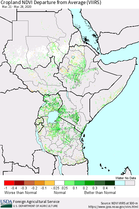 Eastern Africa Cropland NDVI Departure from Average (VIIRS) Thematic Map For 3/21/2020 - 3/31/2020