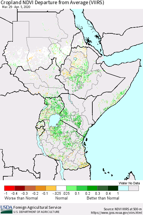 Eastern Africa Cropland NDVI Departure from Average (VIIRS) Thematic Map For 4/1/2020 - 4/10/2020