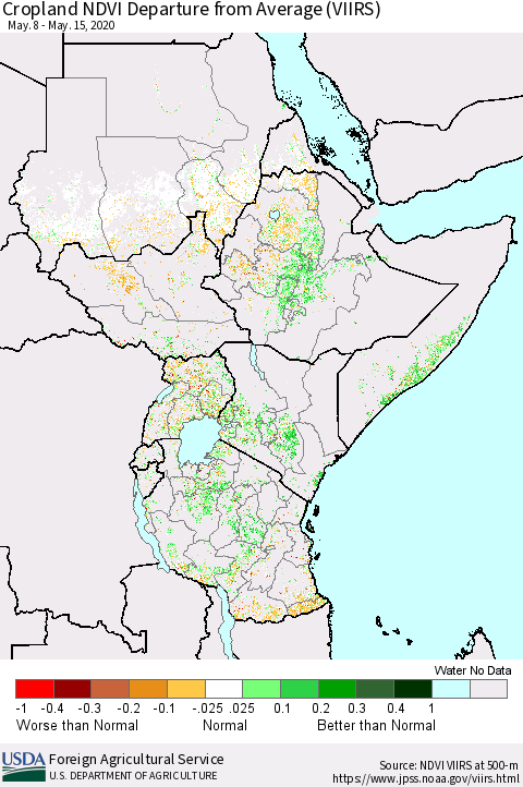 Eastern Africa Cropland NDVI Departure from Average (VIIRS) Thematic Map For 5/11/2020 - 5/20/2020