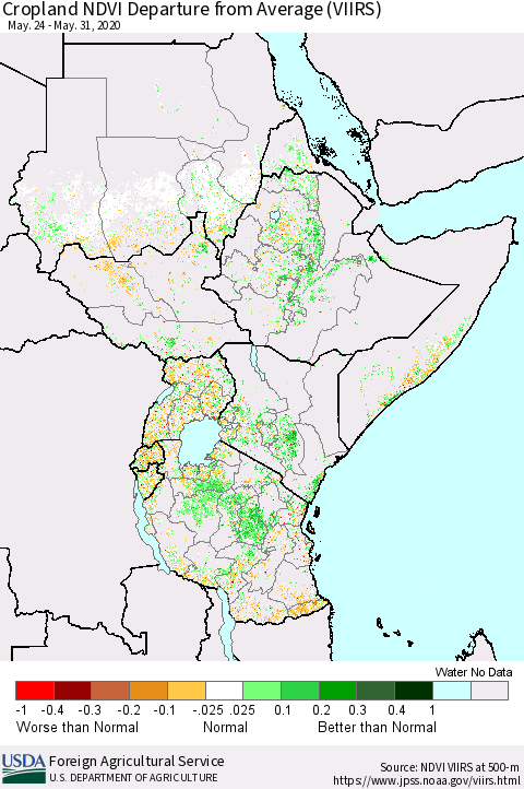 Eastern Africa Cropland NDVI Departure from Average (VIIRS) Thematic Map For 5/21/2020 - 5/31/2020